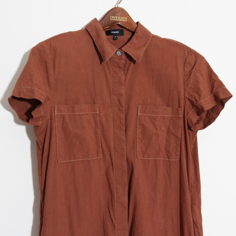 Theory Short Sleeve Shirtdress Linen Terracotta Soft Crunch Burnt Orange Size 4 - Picture 5 of 16